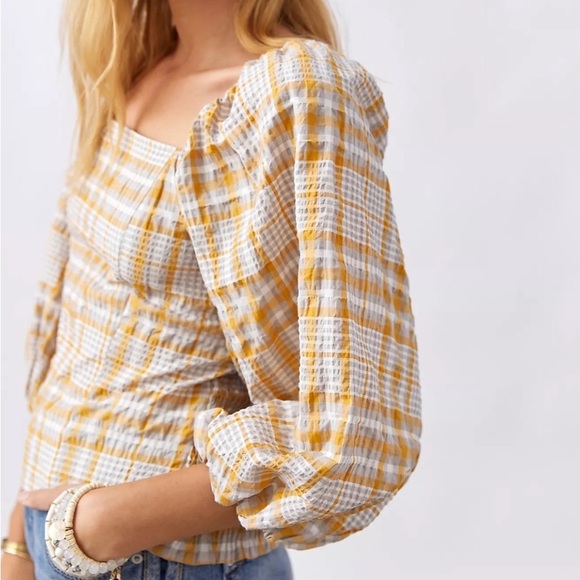 Anthropologie Maeve Square Neck Plaid Puff Sleeve Blouse size Small - Picture 2 of 5